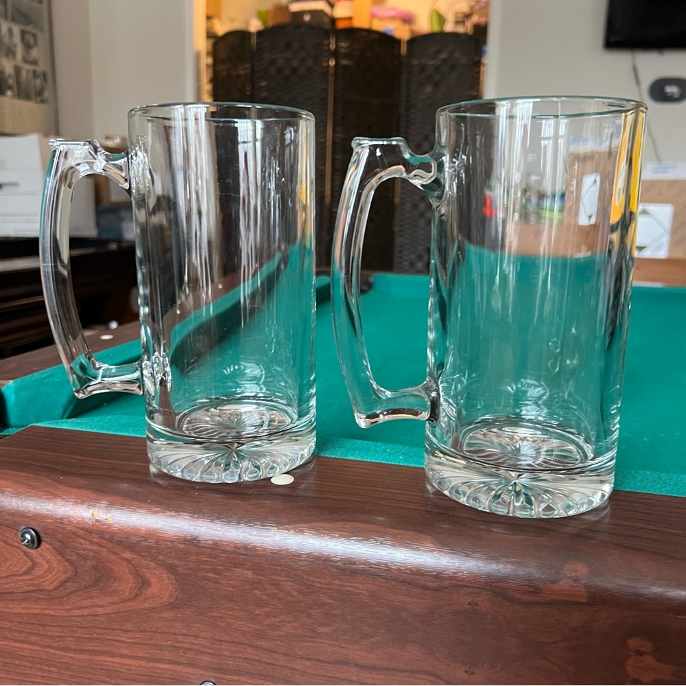 Vintage 24oz Clear Glass Beer Mugs, set of 2 with solid glass heavy duty handles